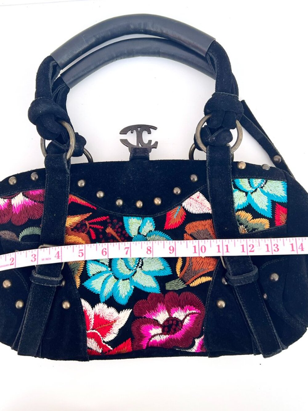 Just Cavalli Y2K Black Suede Floral Embroidered Boho Satchel Bag Studded JC - Picture 9 of 12